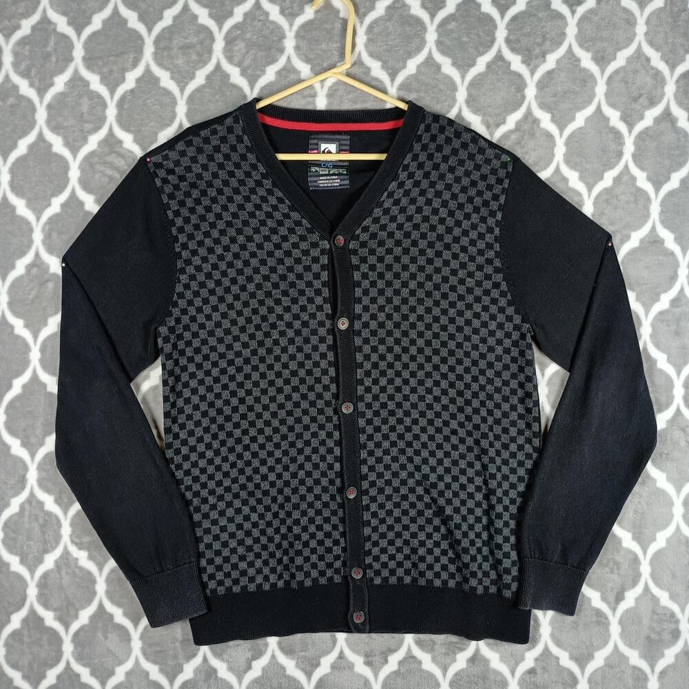 Quiksilver Cardigan Sweater Mens Large Black Gray‎ Checkered Button Up